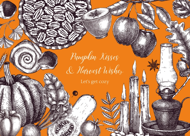 Autumn frame design template. Hand-drawn vector illustration. Pumpkin, hot drink, fruit, pie, vegetables, pastry, fall leaves sketches. Thanksgiving background, banner, border